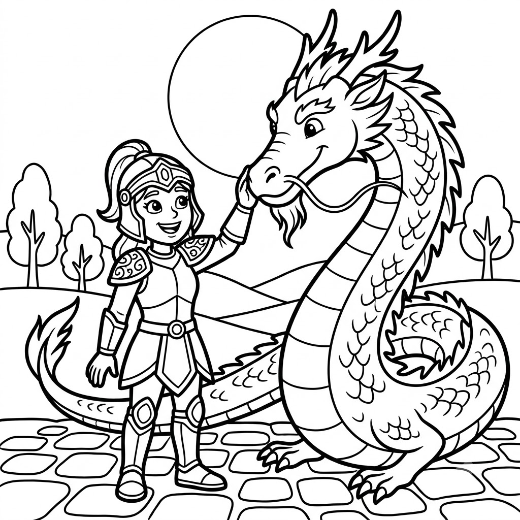 Raya and the last dragon coloring page showing the warrior girl and dragon in a touching friendship scene